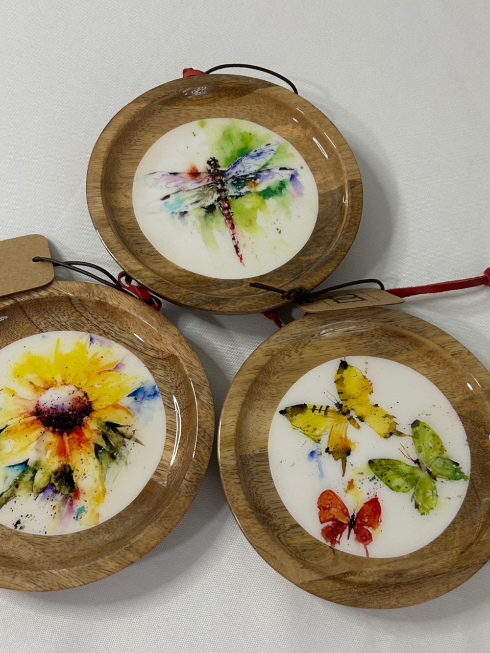 Demdaco Art Ornaments Set of 3 Floral Butterfly Dragonfly Wood Resin Decor NWT